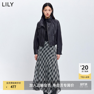 LILY2026春新款 纯棉复古立领落肩帅气休闲通勤机车夹克外套女短款