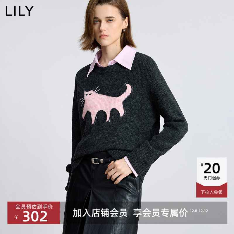 LILY撞色提花圆领猫咪套头针织衫
