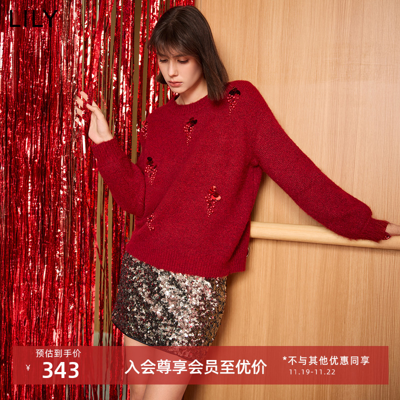 【热红酒毛衣】LILY2024冬新款圣诞重工亮片圆领红色针织衫毛衣女