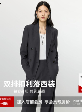 LILY2026夏新款格雷系双排扣宽松气质休闲通勤灰色西装外套女西服