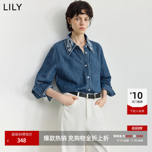 LILY2025冬新款棉麻复古镂空绣花宽松休闲通勤深色牛仔外套女上衣
