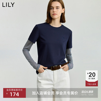 【商场同款】LILY2025秋新款女装含莱赛尔假两件条纹通勤长袖T恤