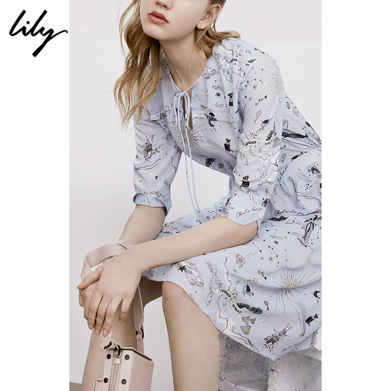 Lily2018ÏÄпîŮװdzÀ¶Ïµ´øÔ²ÁìÓ¡»¨ÖÐÐäÊÕÑüÁ¬ÒÂȹ118240C7552