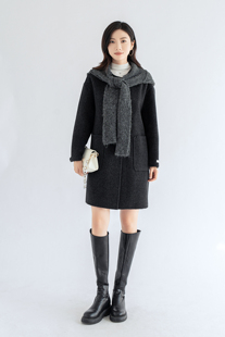 2025新款羊绒羊毛双面呢大衣女中长款碳灰带帽羊毛呢外套n555-5