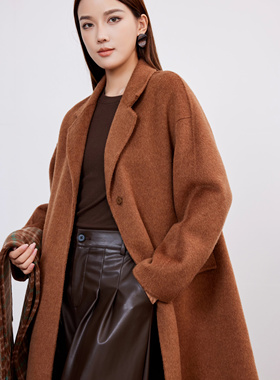 工厂店2024秋冬新款双面羊绒大衣女长款格子围巾骆驼绒外套n361-8