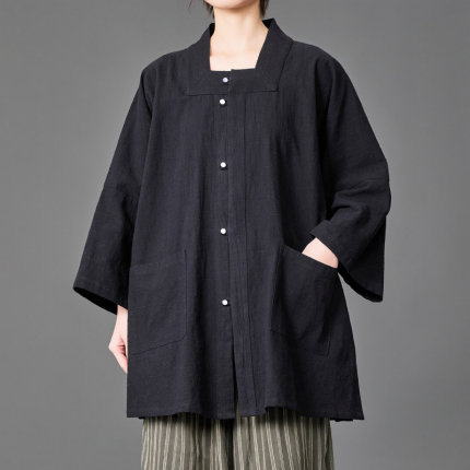 新中式棉麻方领衬衫男女宽松七分袖开衫道袍复古禅意茶服大码上衣