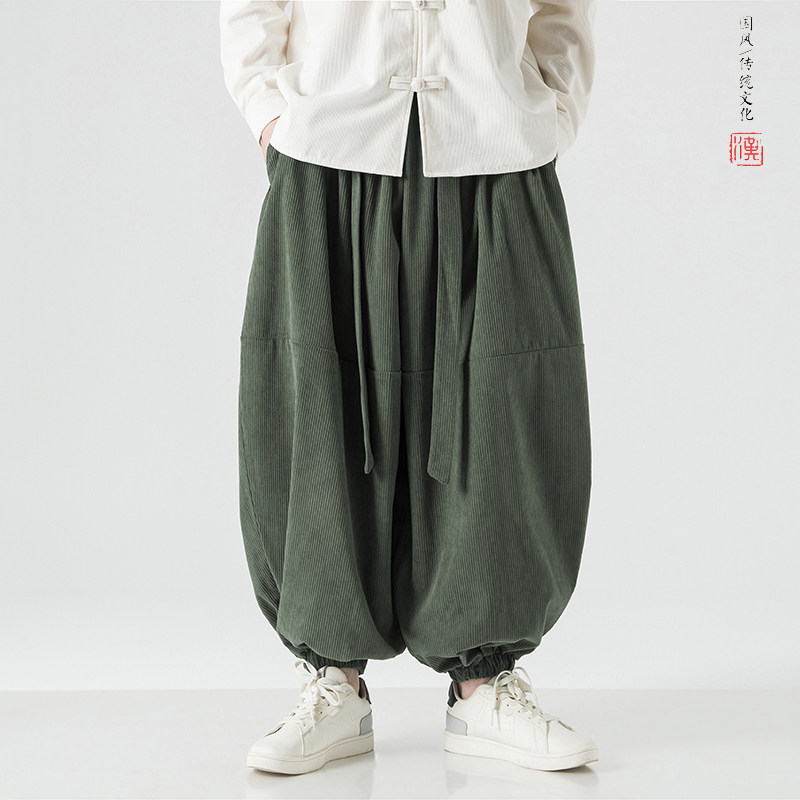 大码胖子灯芯绒裤子男士阔腿哈伦裤春秋季国潮宽松飘带束脚灯笼裤,男装,休闲裤,淘宝优惠券,粉丝福利购,淘宝优惠卷