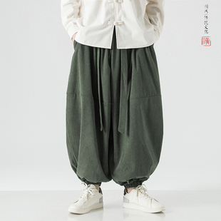 胖子灯芯绒裤 国潮宽松飘带束脚灯笼裤 子男士 春秋季 阔腿哈伦裤 大码