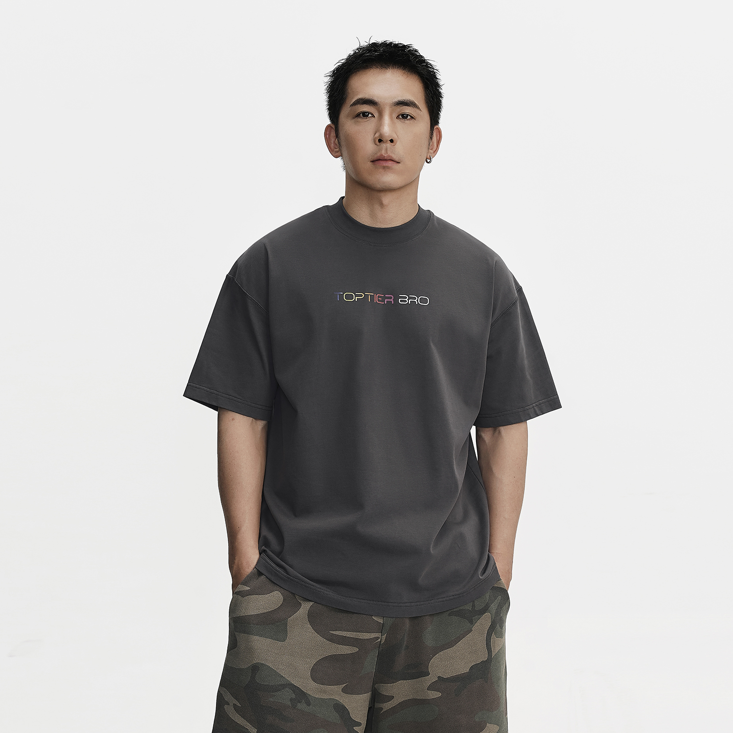 复古渐变LOGO小领口短袖T恤男