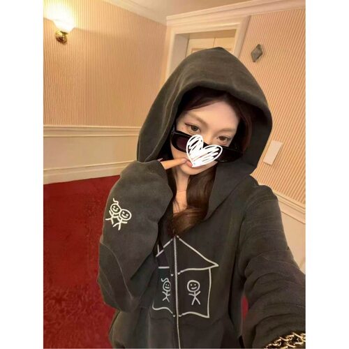 【高品质实拍yb】网红秋季新复古高级感火柴人印花宽松连帽外套