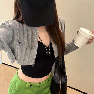 【高品质实拍yb】灰色短款拉链长袖针织衫黄色半身短裙套装两件套
