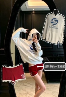 【高品质实拍yb】网红同款火柴人刺绣连帽宽松卫衣短裤时尚套装