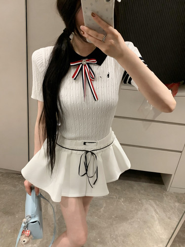 【高品质实拍yb】学院风套装甜美减龄刺绣针织T恤+运动抽绳短裙裤