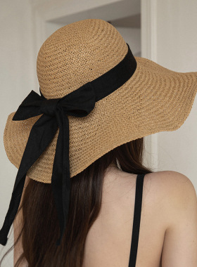 日本RX蝴蝶结草帽女夏季大檐防晒显脸小海边度假防紫外线遮阳帽