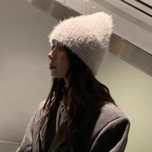 日本RX冬软糯马海毛绒针织帽百搭男女日系纯色护耳毛线保暖包头帽