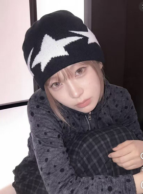 日本RX美式复古星星针织帽男女百搭保暖护耳包头帽秋冬毛线冷帽