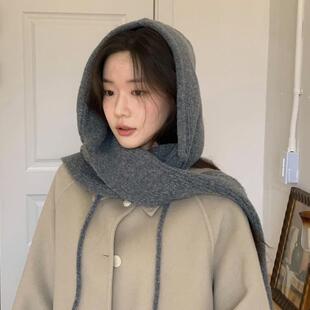 韩国ANGEL秋冬加厚毛线长款针织围巾一体套头帽巴拉克拉法帽子女
