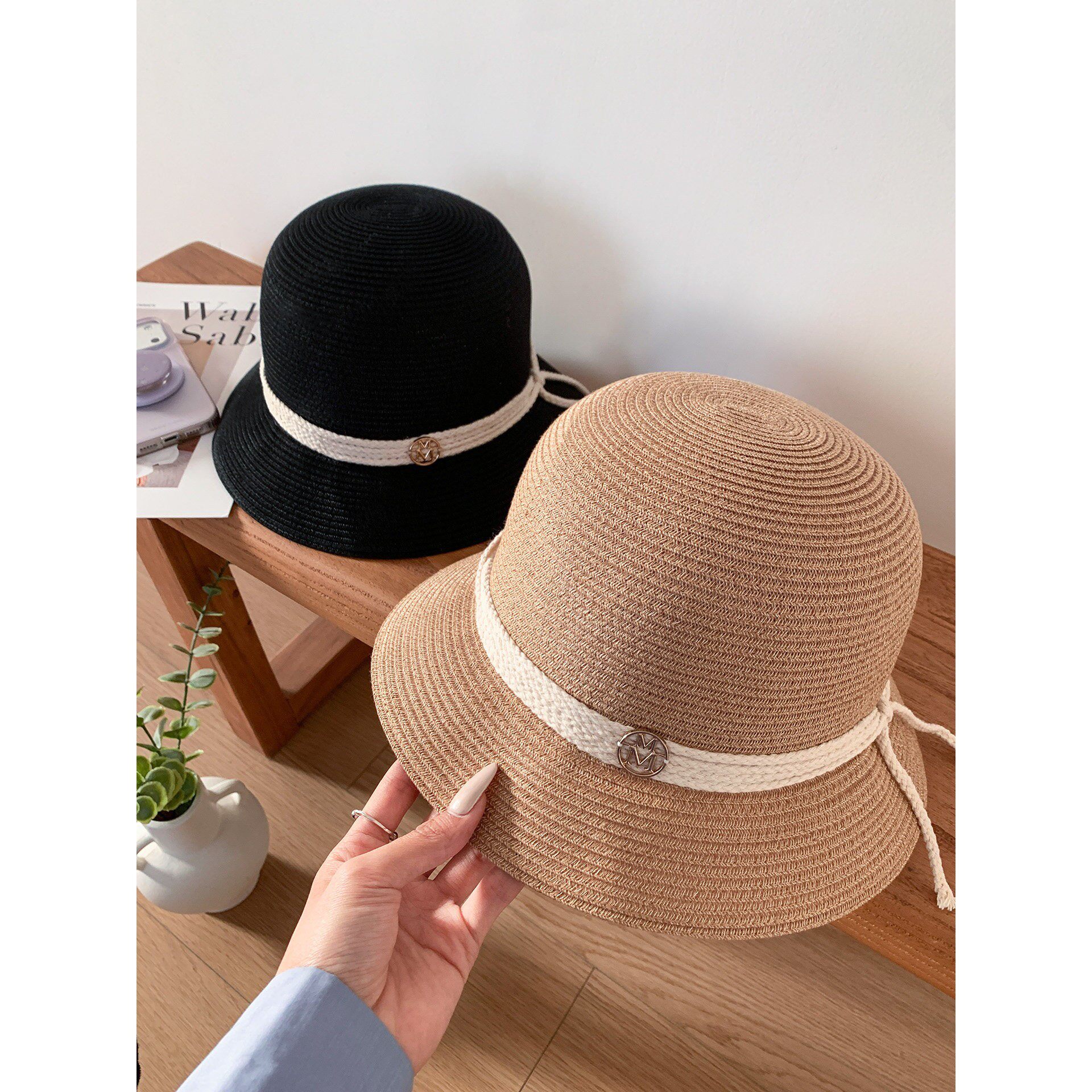 日本RX2026日系简约编织草帽女蝴蝶结夏季海边度假遮阳防晒渔夫帽