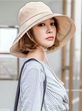 日本RX春夏遮阳防晒帽子女棉麻渔夫帽折叠旅游日系遮脸防晒布帽