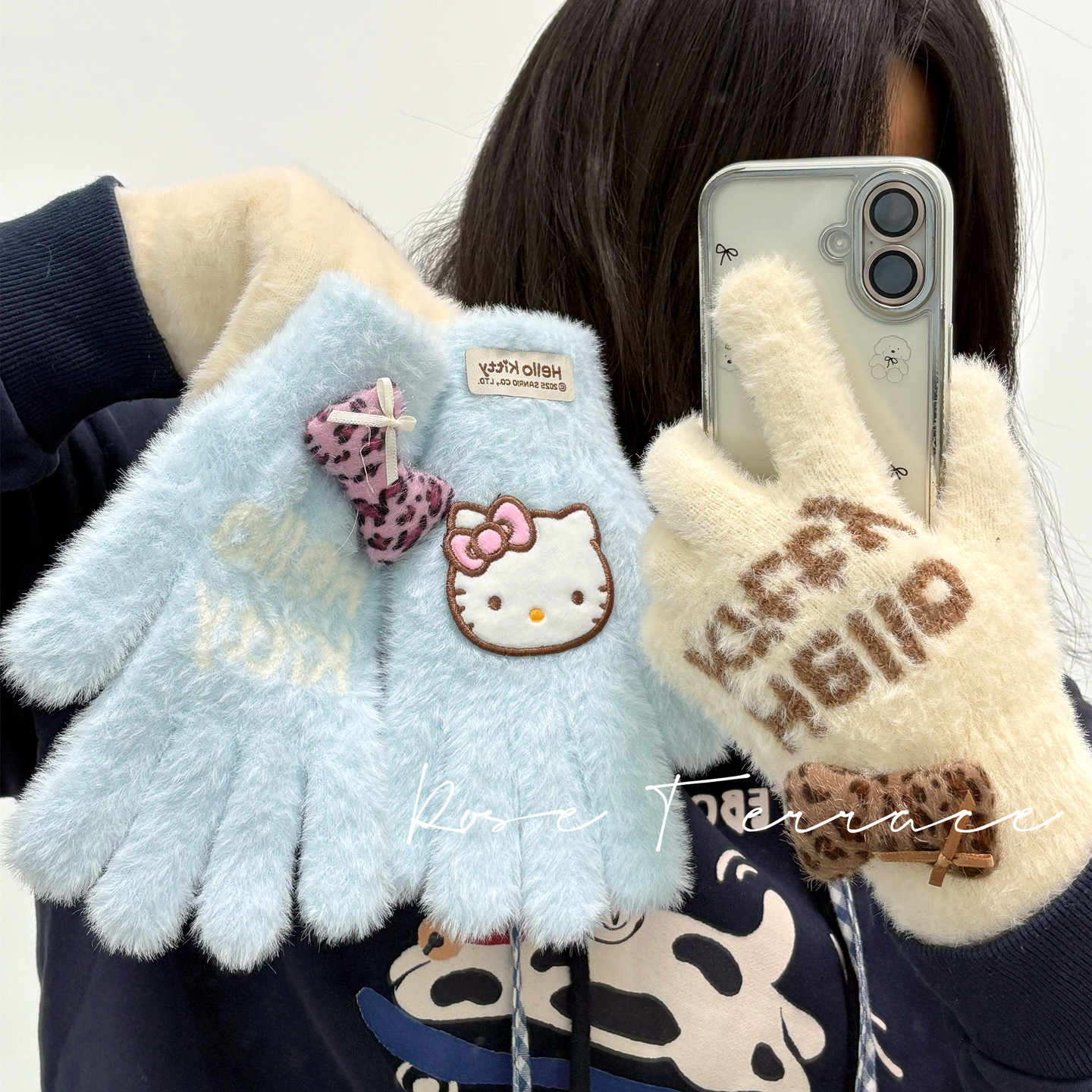 正版HelloKitty五指手套女秋冬甜美可爱毛绒加厚触屏学生骑车防风