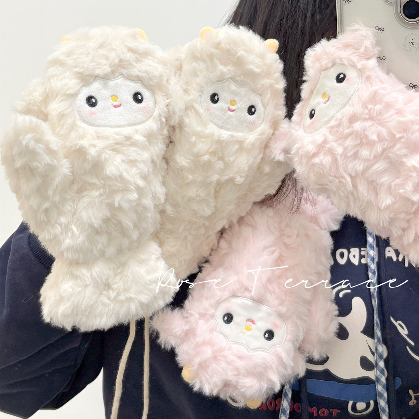 韩版可爱小羊手套女冬毛绒连指挂脖学生骑车加绒加厚防冻保暖全包