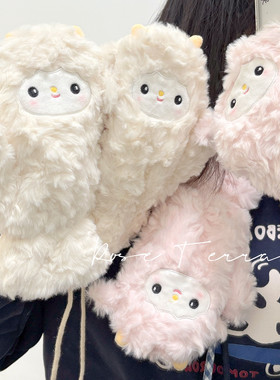 韩版可爱小羊手套女冬毛绒连指挂脖学生骑车加绒加厚防冻保暖全包