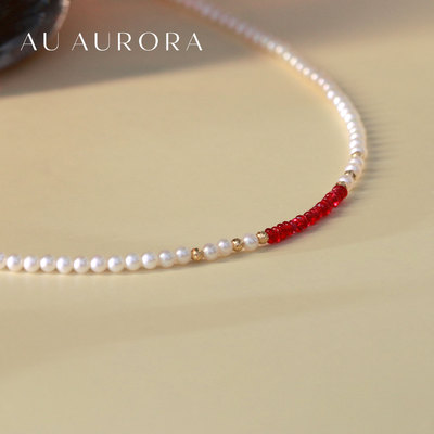 【红韵】AU新品天然淡水珍珠鸽血红宝石18K金细锁骨链2mm圆珠项链