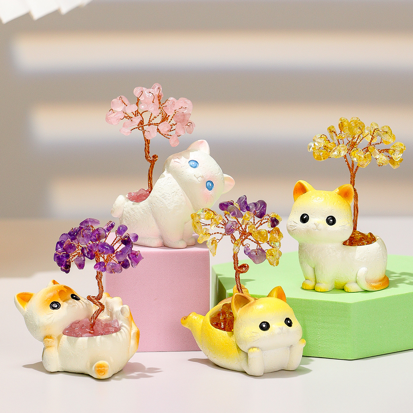 甜甜小猫水晶发财树家居客厅玄关摆件萌趣卡通动物办公室桌面装饰