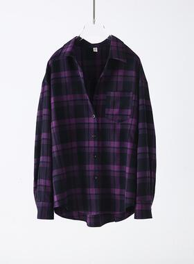 紫色格子衬衫女2026春秋新款短款长袖衬衣宽松轻度磨毛英伦风外套