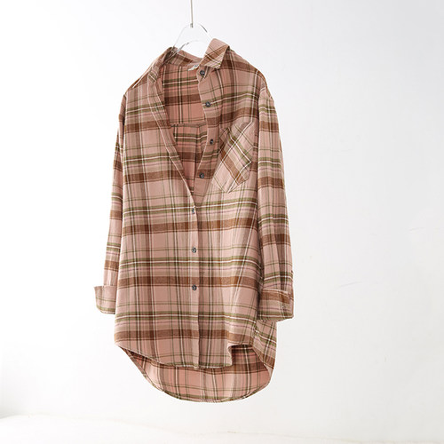 磨毛纯棉格子衬衫女款宽松厚款