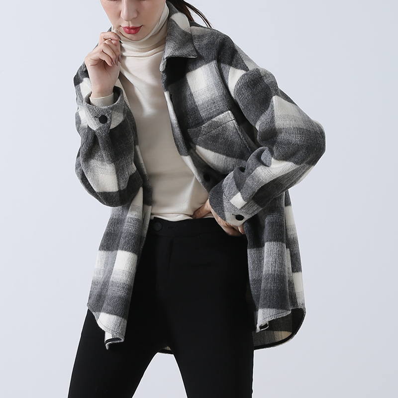格子衬衫复古风磨毛百搭灰色大衣