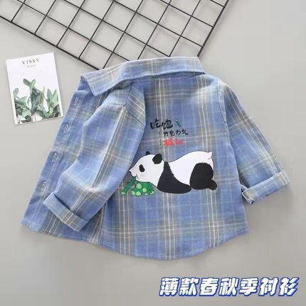 2025新款男童格子衬衫夏季洋气宝宝卡通长袖儿童春秋上衣小童衬衫