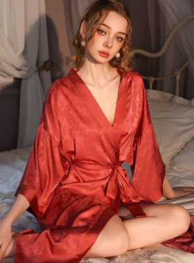 春夏冰丝薄款浴袍桑蚕丝绸100%浴袍家居服睡袍秋款真丝浴衣欧美风