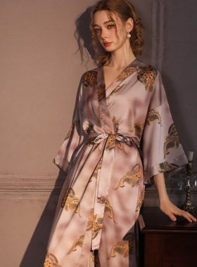 睡袍真丝睡衣女款印花纯欲晨袍薄款性感桑蚕丝家居服女士秋冬长款