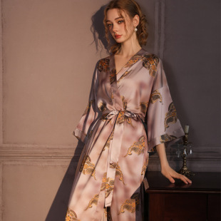 睡袍真丝睡衣女款印花纯欲晨袍薄款性感桑蚕丝家居服女士秋冬长款