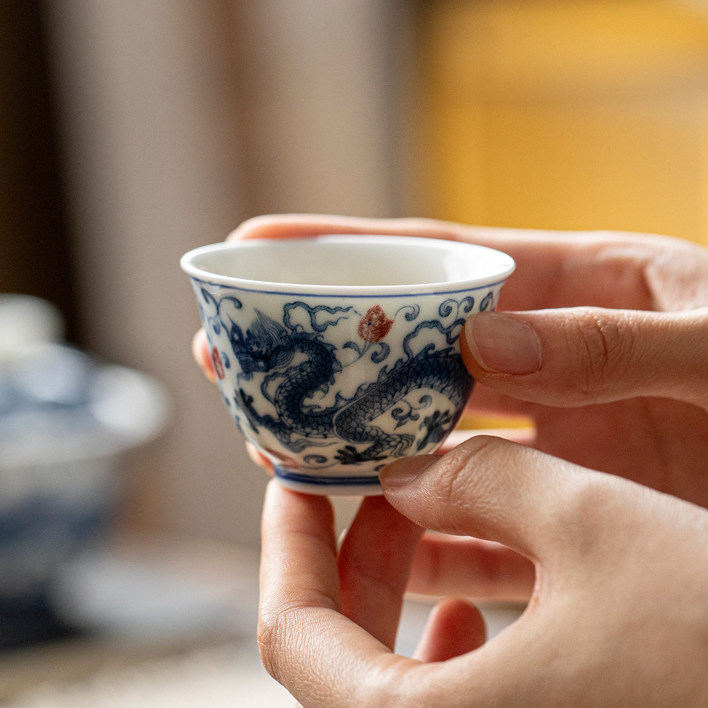 中式仿古胎青花茶杯家用喝茶品茗杯陶瓷主人杯单个功夫茶具复古风