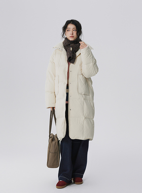 FUTURE BEATS韩系高领女中长款过膝宽松袖口可翻边撞色长款羽绒服