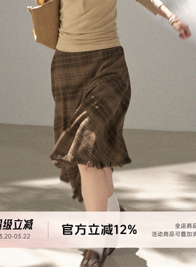 FUTURE BEATS 美拉德复古格纹不规则设计斜边中长裙百搭半身裙