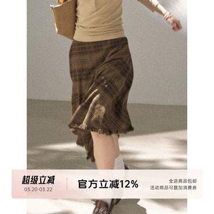 FUTURE BEATS 美拉德复古格纹不规则设计斜边中长裙百搭半身裙