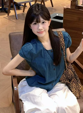 FUTURE BEATS 甜美森系小飞袖牛仔短款衬衫小衫