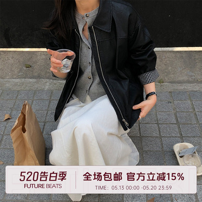 【现货】FUTURE BEATS 时髦质黑色翻领袖口翻边宽松阔版皮衣外套