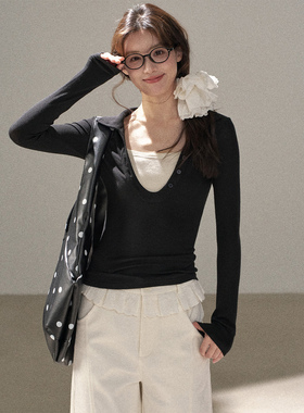 FUTURE BEATS 气质基础款拼色修身POLO打底衫亨利领百搭长袖上衣