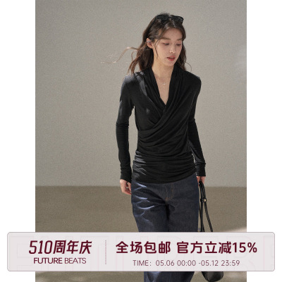 叉褶皱纯欲收腰百搭长袖