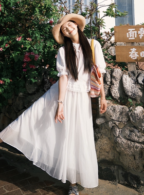 FB简约仙气飘飘白色极简风褶皱纯欲风半裙