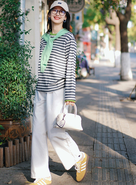 FUTURE BEATS 白色松紧腰头设计裤脚配纽扣装饰宽松女裤