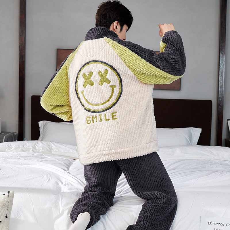 加厚保暖珊瑚绒睡衣男士开扣套装