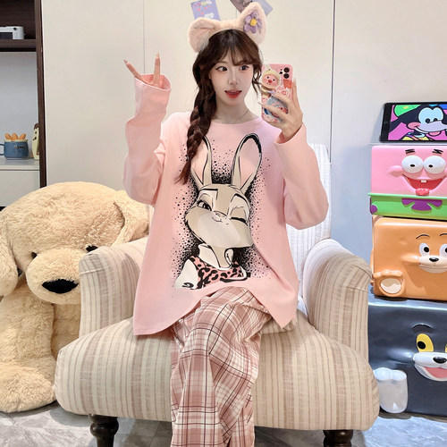 100%纯棉女款春秋季睡衣长袖套装