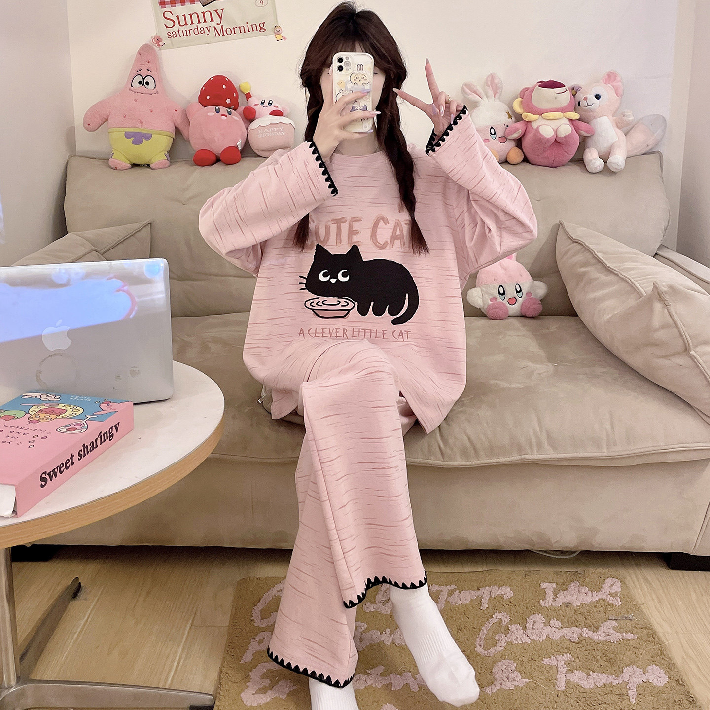 睡衣女款春秋季纯棉长袖初中学生可爱少女加大码胖mm200斤家居服