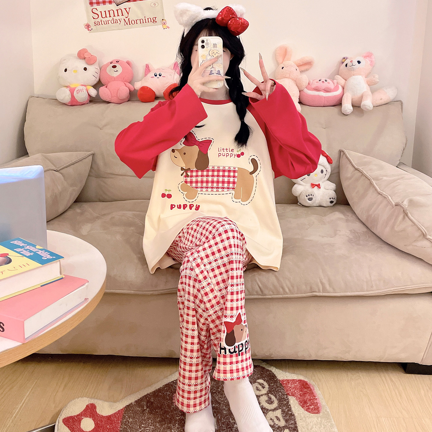秋季纯棉睡衣女士长袖学生可爱卡通加大码胖mm200斤春秋款家居服