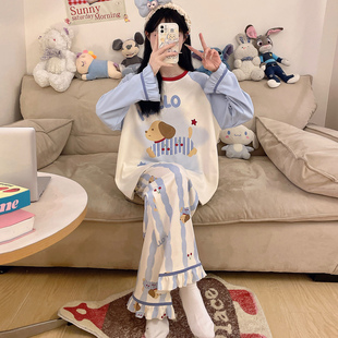 秋季女士睡衣纯棉长袖初中学生少女秋款大码胖mm200斤家居服套装